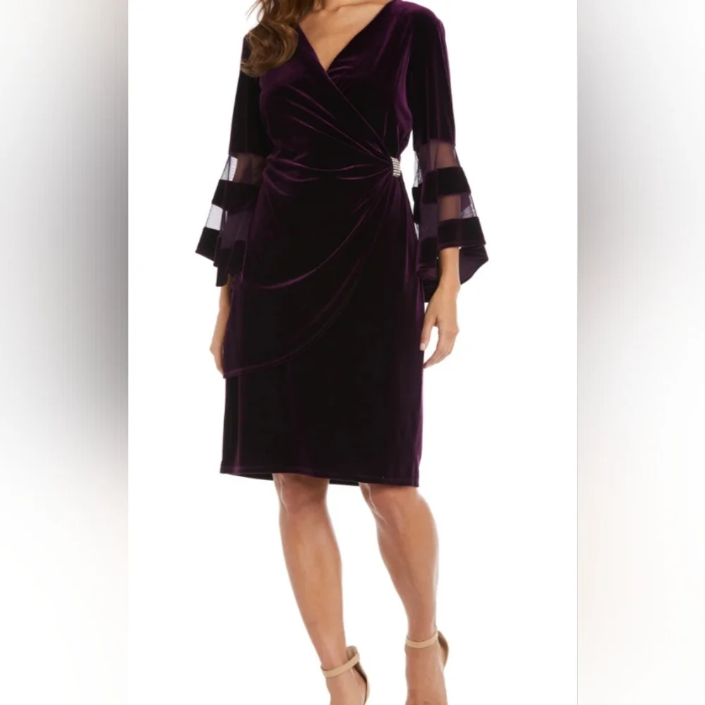WRAP SHEATH DRESS R&M RICHARDS PURPLE Faux VELVET  SIZE 20W WOMEN  Bell Sleeves - Picture 2 of 12